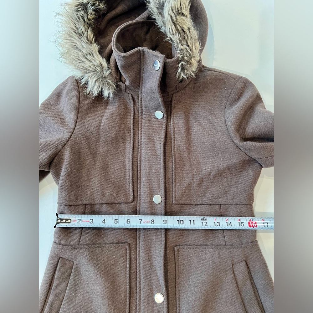 Kenneth Cole Wool Blend Pea Coat Faux Fur Lined Detachable Hood Button Zipper - Picture 7 of 15